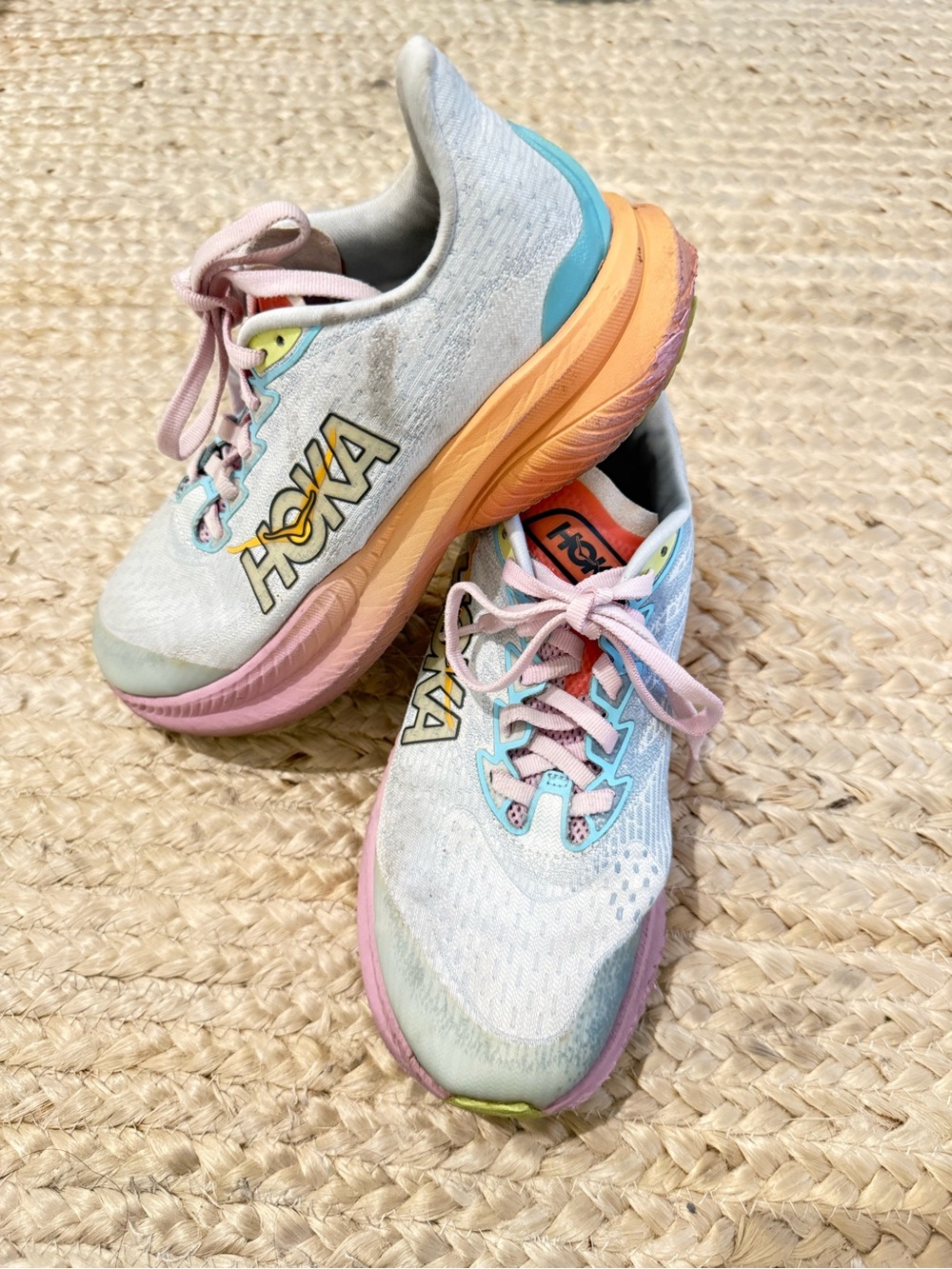 Hoka Kids Pastel Multicolor Sneakers - Pink, Peach, Aqua, Yellow size 4 - Picture 2 of 14